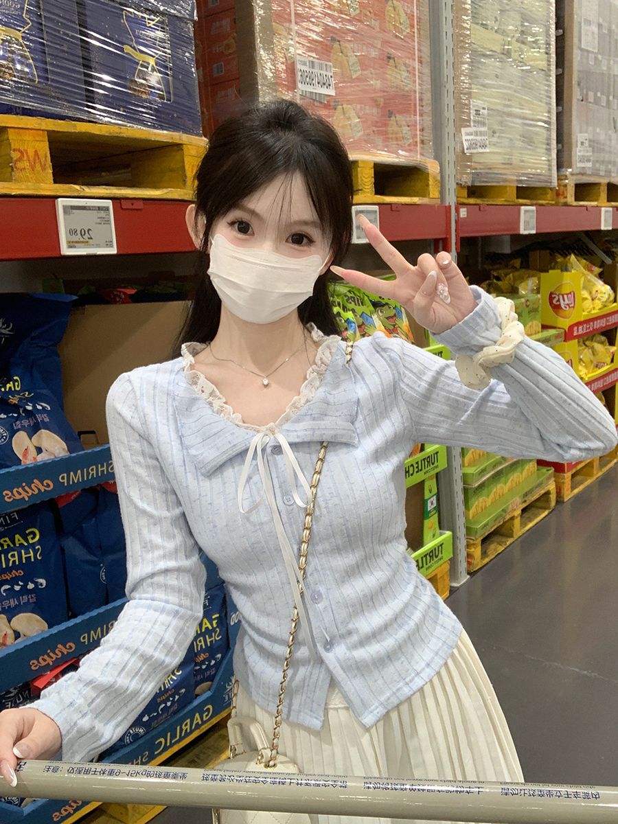 💕溫柔雪花條磨毛純欲藍色蕾絲假兩件上衣