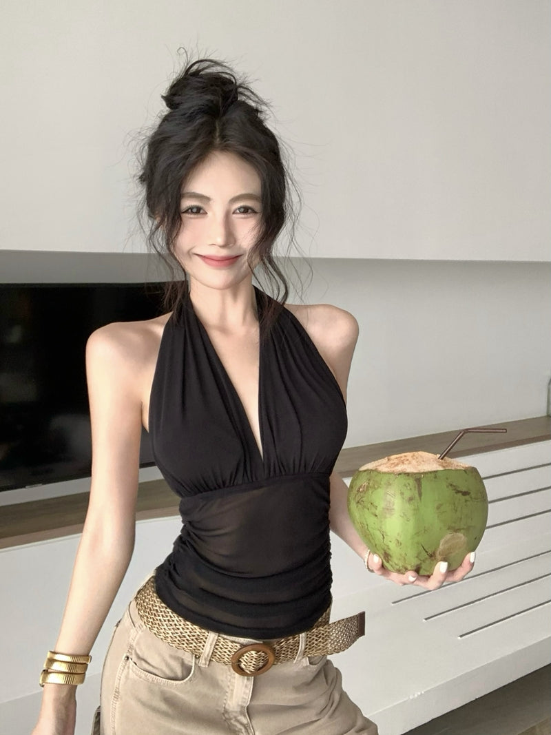 💕時尚V領褶皺掛脖收腰吊帶網紗上衣