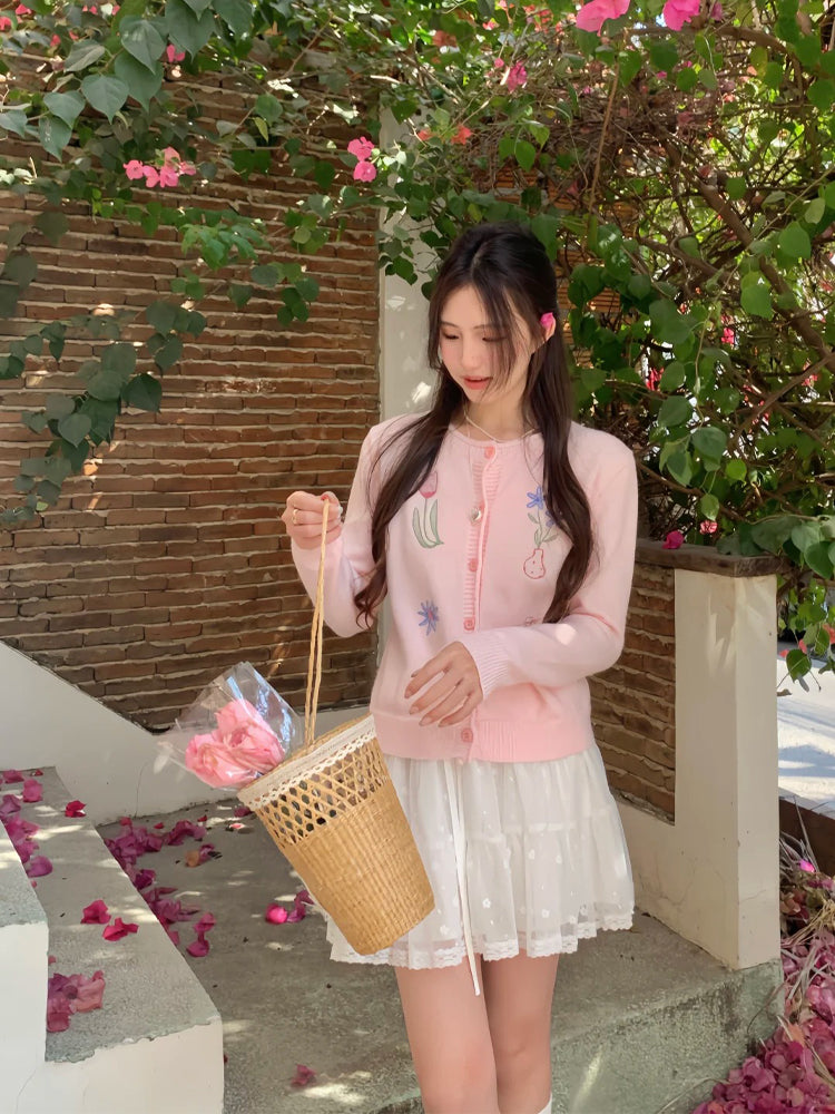 💕慵懶甜美粉色刺繡小花翻領針織開衫