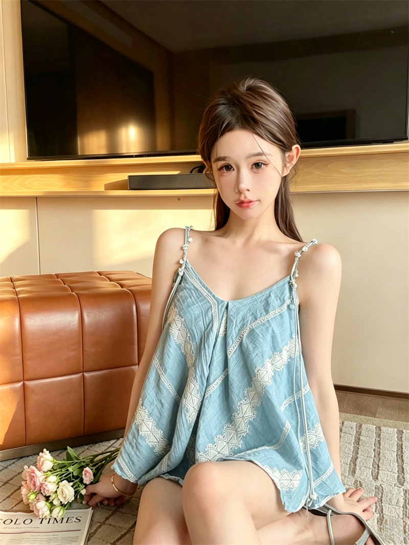 💕無袖背心寬鬆藍色不規則V領上衣