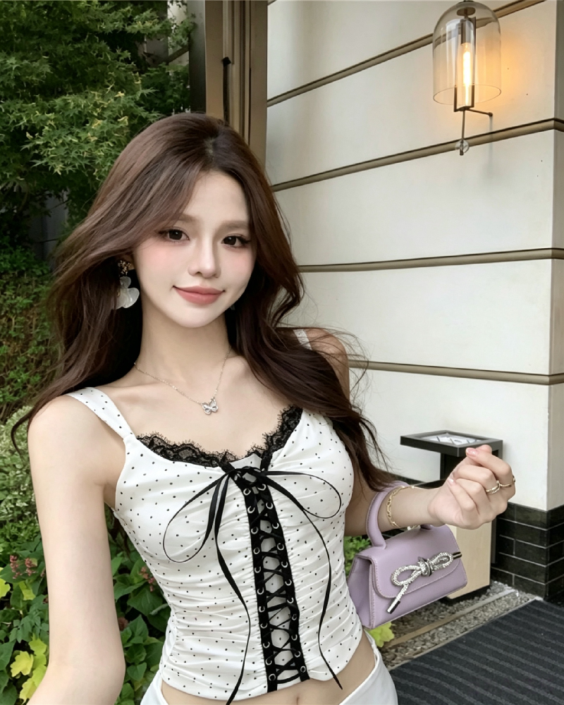 💕美式辣妹波點蕾絲拼接吊帶交叉綁帶上衣