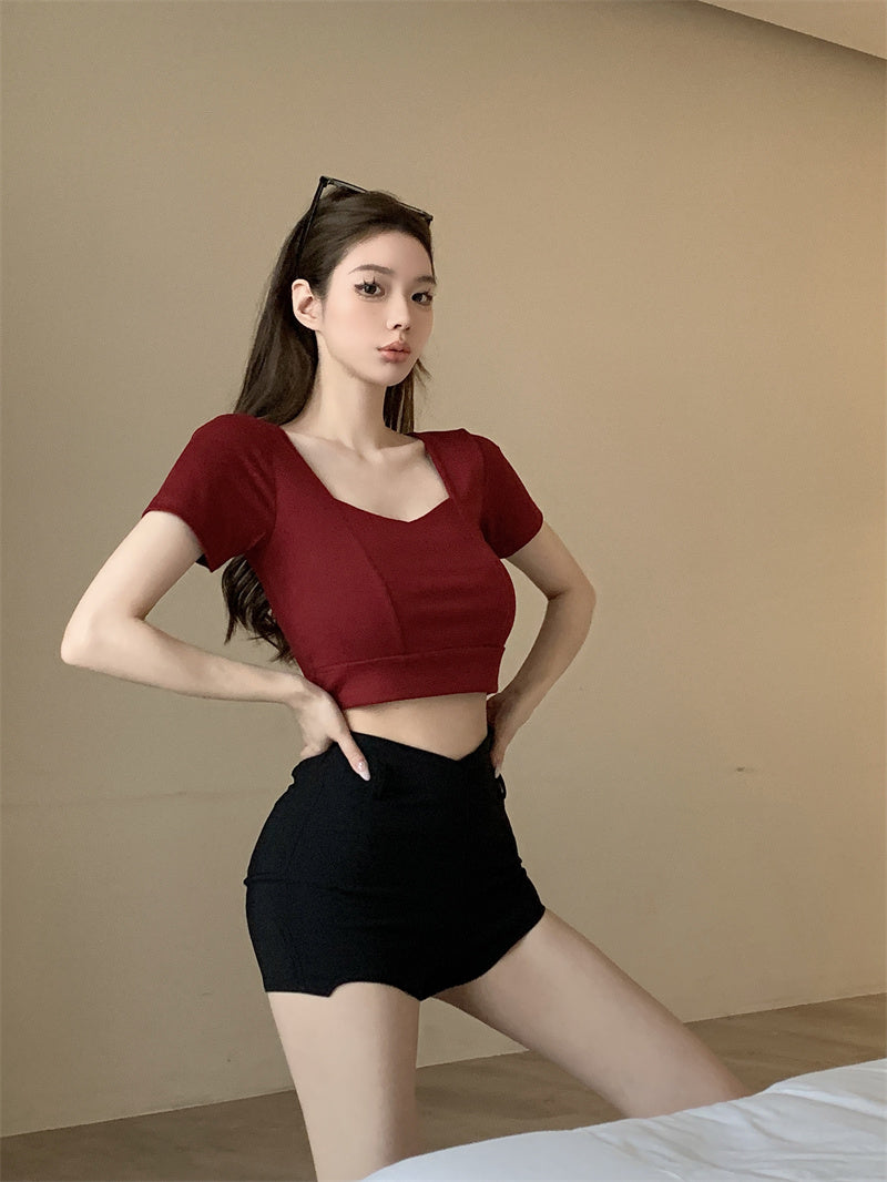 💕方領百搭露鎖骨顯瘦短版露臍上衣