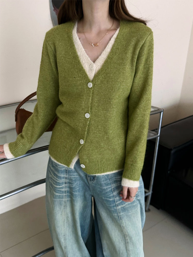 💕韓系簡約日常撞色假兩件針織開衫