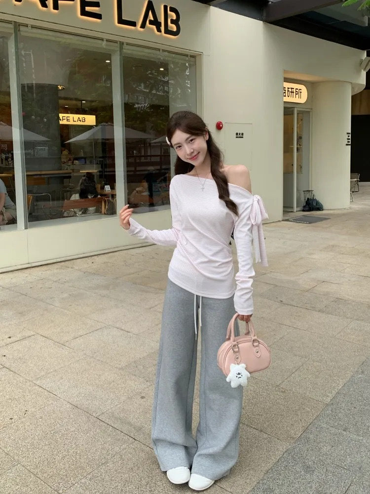 💕溫柔條紋露肩綁帶設計上衣