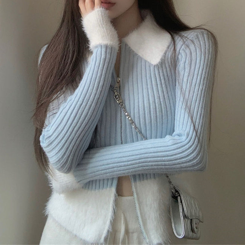 💕氣質短款polo毛毛領針織拉鍊修身上衣