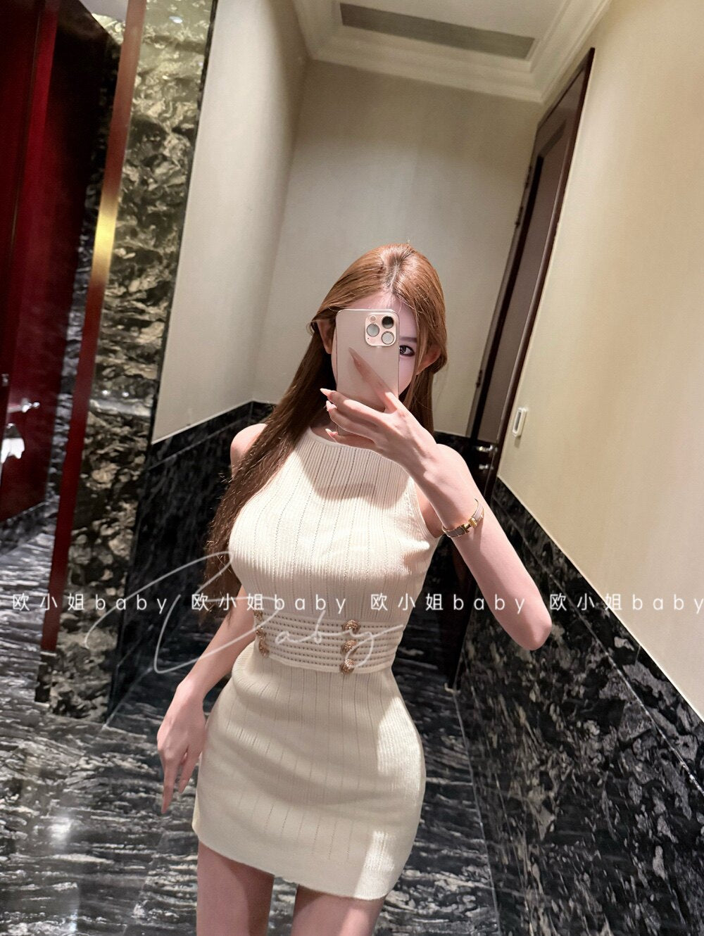 💕氣質純欲性感甜辣小香風金扣針織連衣裙