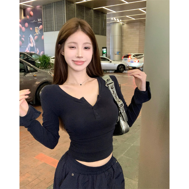 💕秋冬辣妹半高U領修身褶皺短磨毛內搭打底上衣