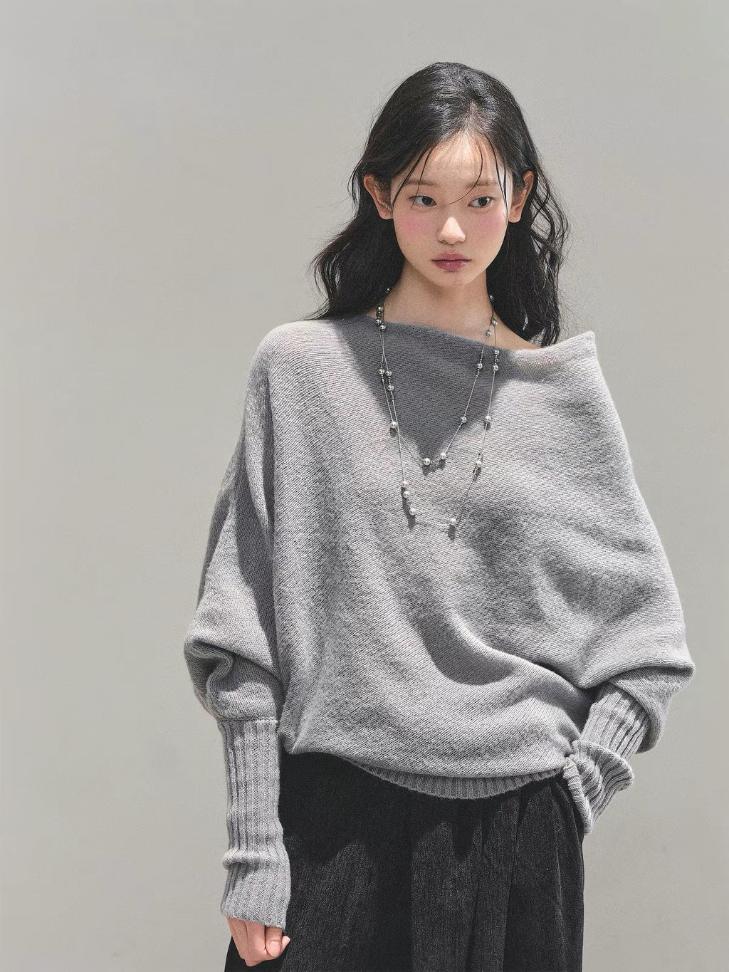 💕韓系溫柔軟糯甜美斜肩針織上衣