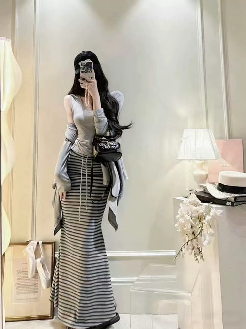💕休閒溫柔純欲性感吊帶背心+高腰條紋長裙三件套