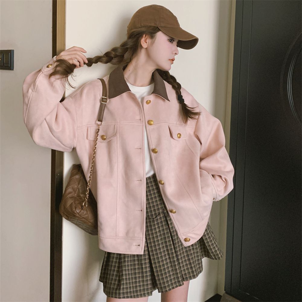 💕韓系甜美溫柔粉色麂皮絨短款休閒夾克外套