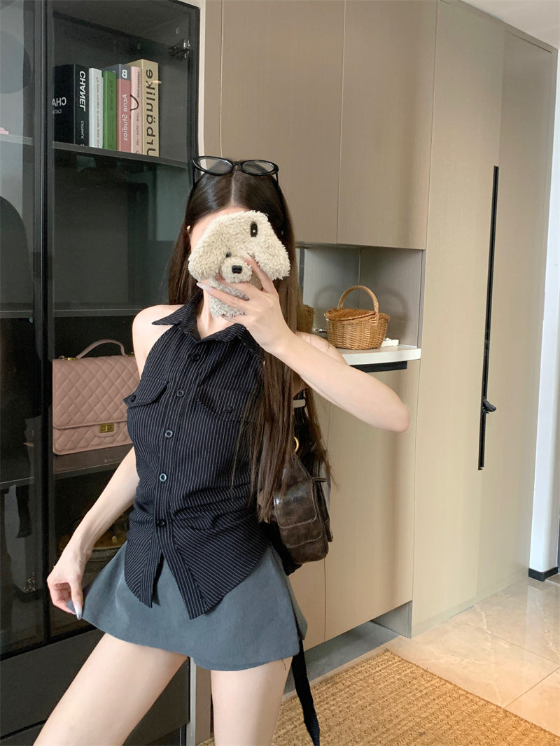 💕法式條紋露背收腰無袖上衣