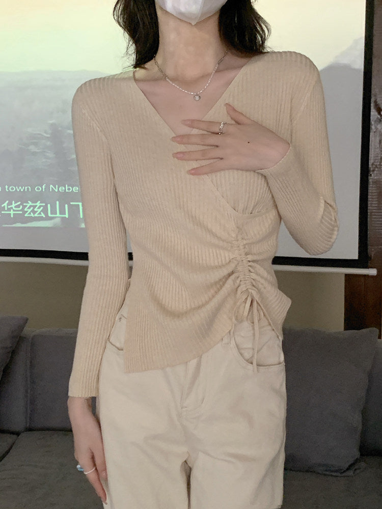 💕法式不規則扭結V領針織長袖毛衣