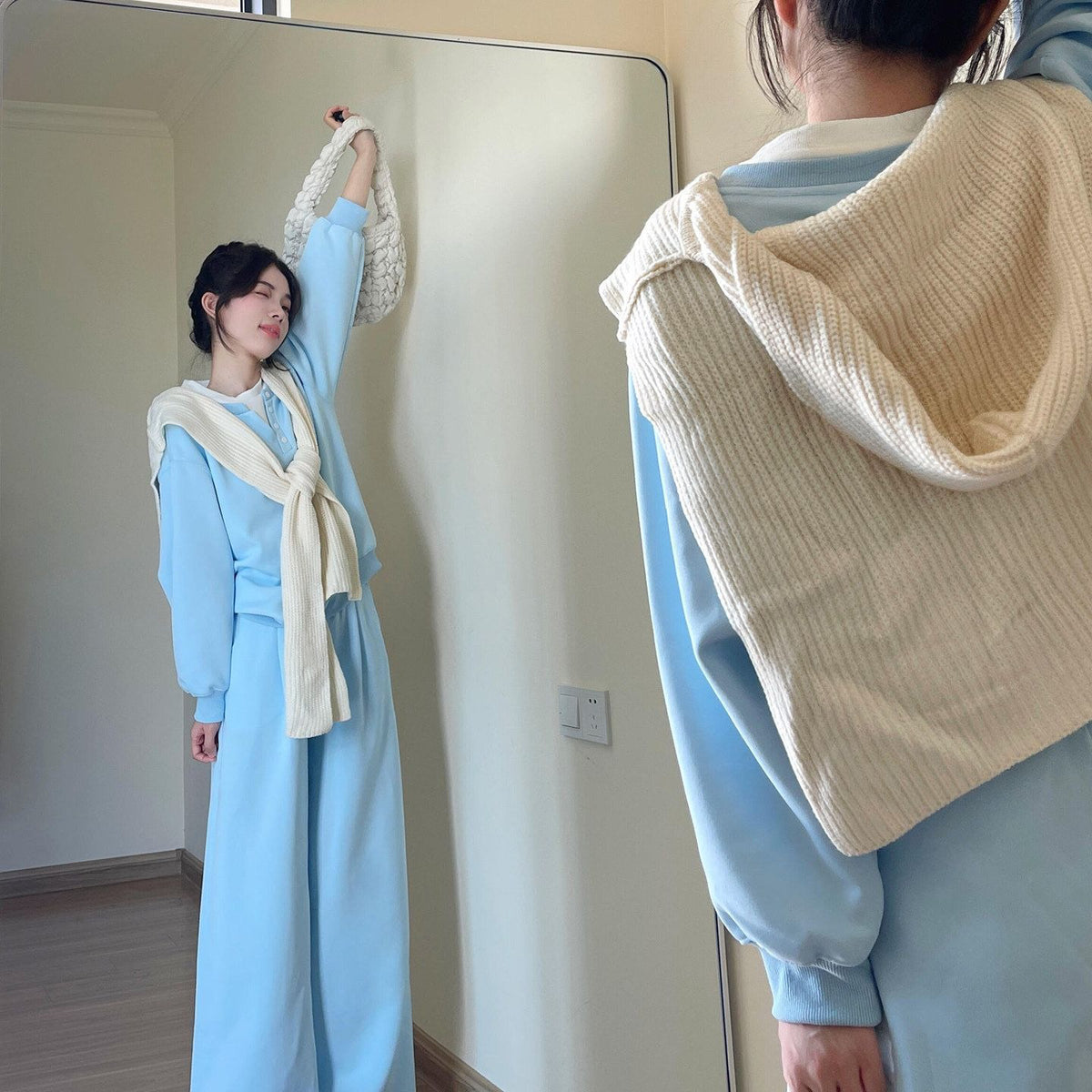 💕高級感毛織披肩霧霾藍休閒兩件套