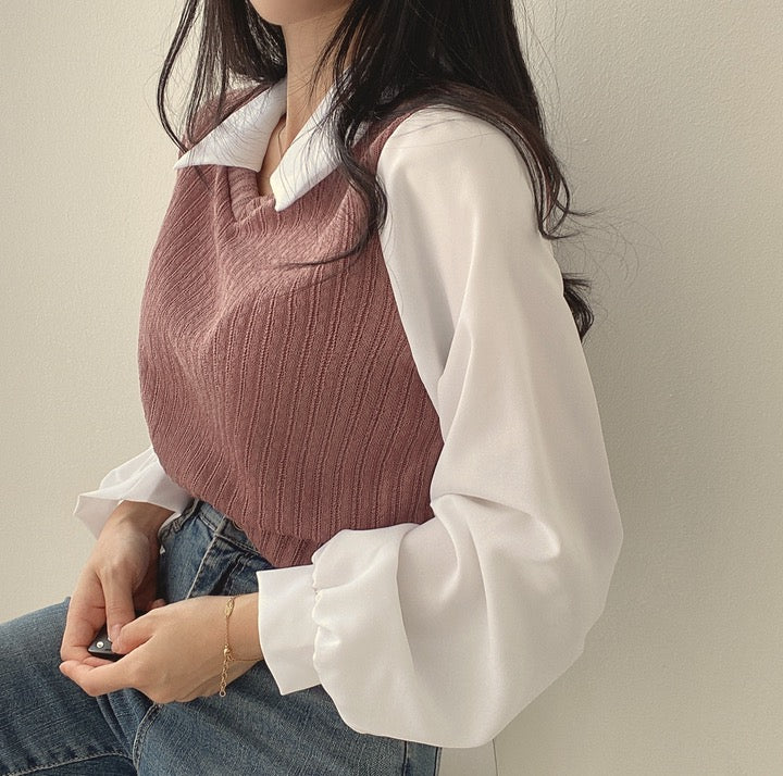 💕chic韓系假兩件拼接襯衫上衣