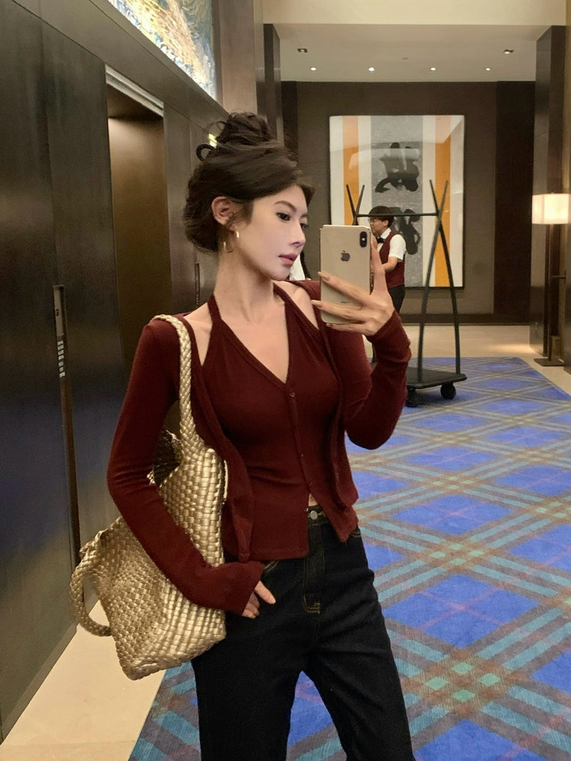 💕秋冬性感吊帶掛脖顯瘦假兩件打底上衣
