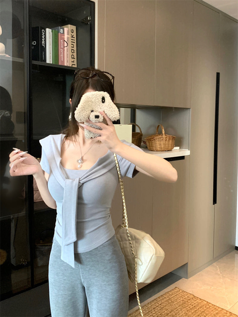 💕夏季綁帶方領短袖通勤百搭套裝