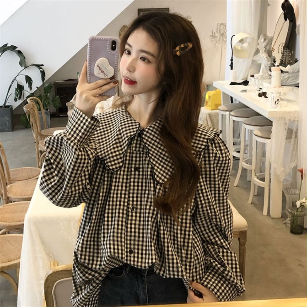 💕法式撞色格子娃娃領襯衫顯瘦排釦上衣