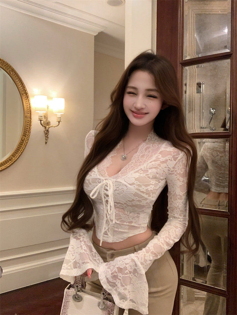 💕百搭黑色鏤空純欲V領蕾絲衫