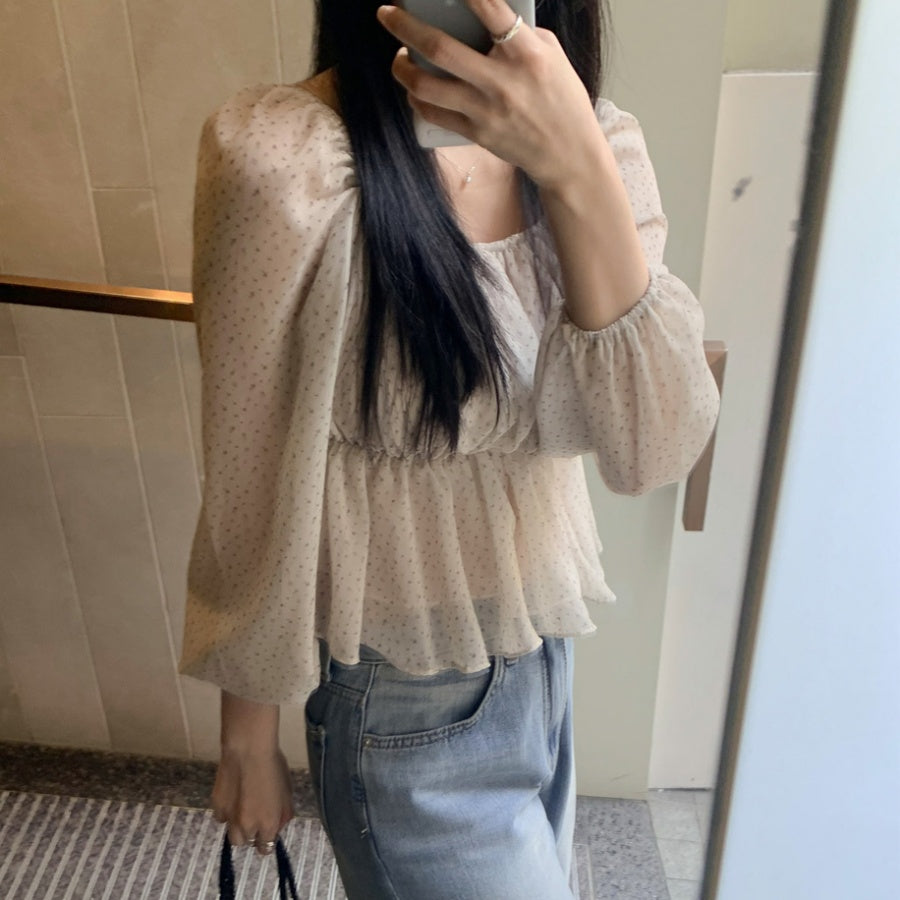 💕ins系法式方領碎花收腰泡泡袖雪紡上衣