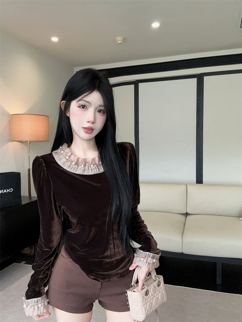 💕chic韓系小個子泡泡袖絲絨上衣