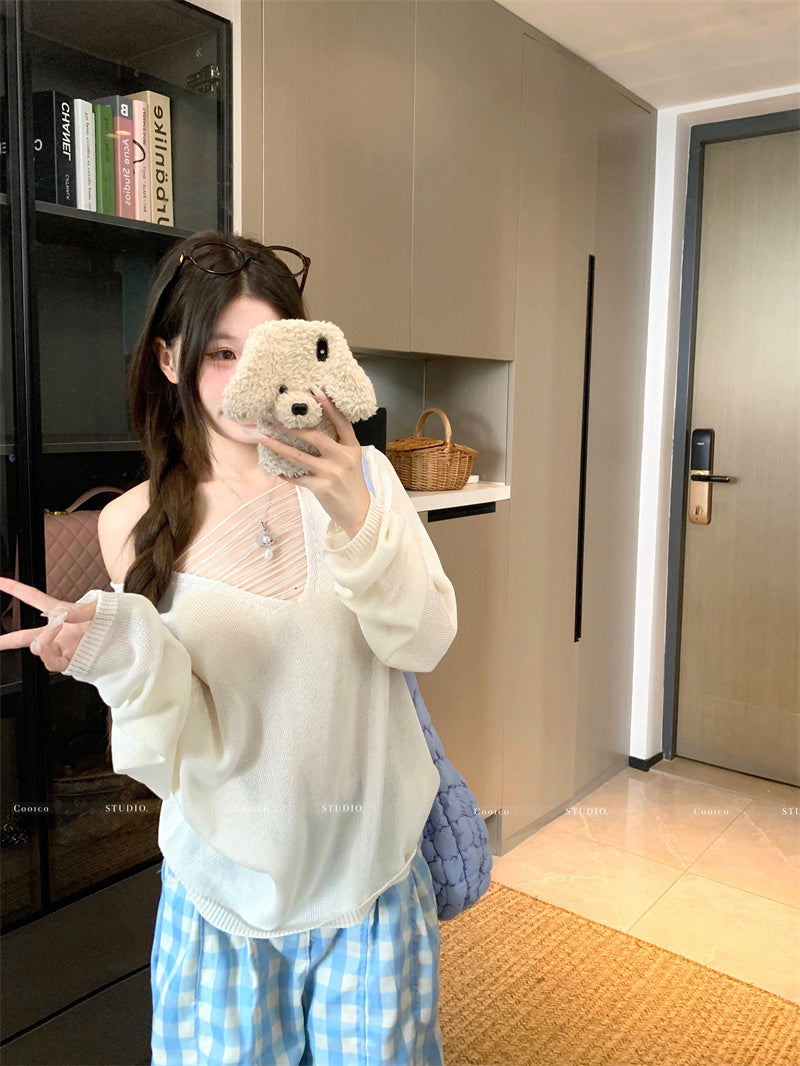 💕大V領微縷空針織防曬罩衫