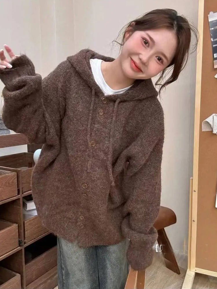 💕chic韓系溫柔軟糯連帽寬鬆甜美針織上衣外套
