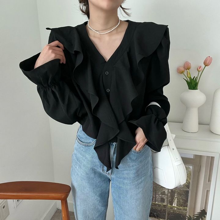 💕chic法式氣質V領荷葉邊襯衫上衣