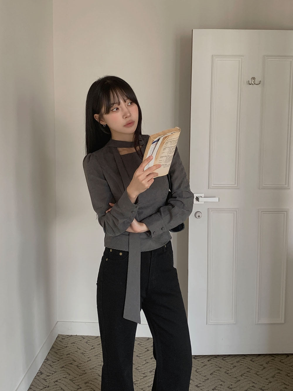 💕ins溫柔飄帶蝴蝶結泡泡袖修身顯瘦上衣