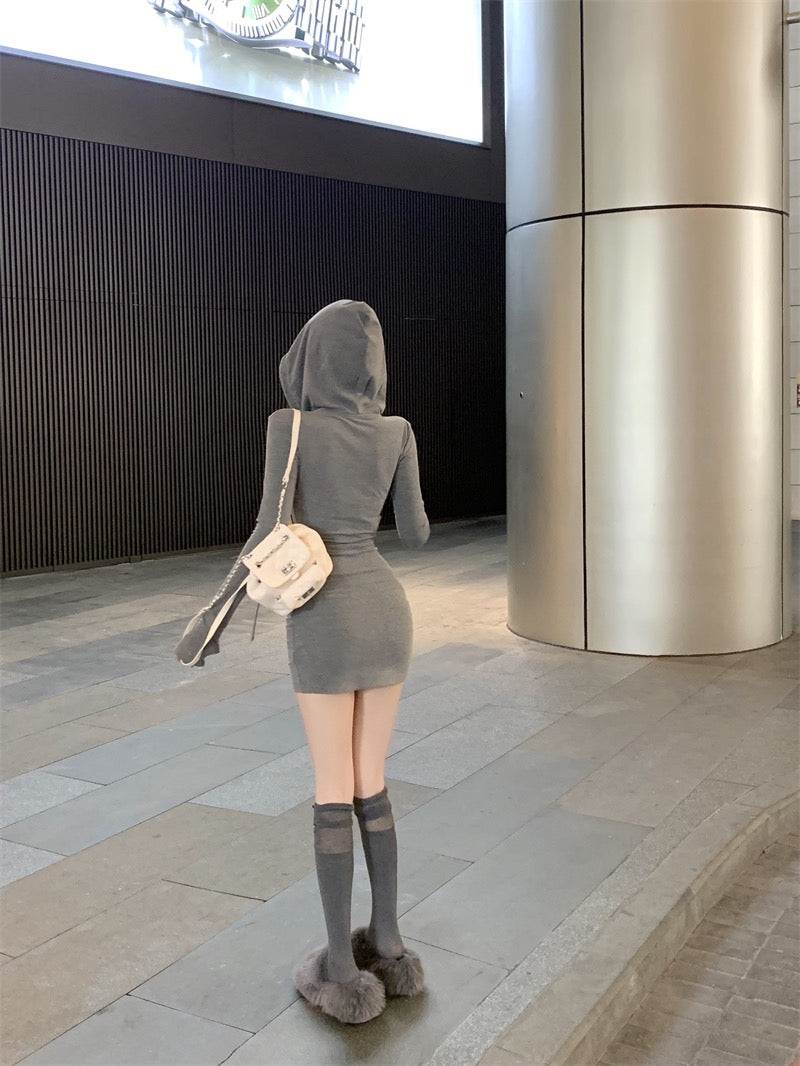 💕秋款連帽長袖收腰緊身包臀裙