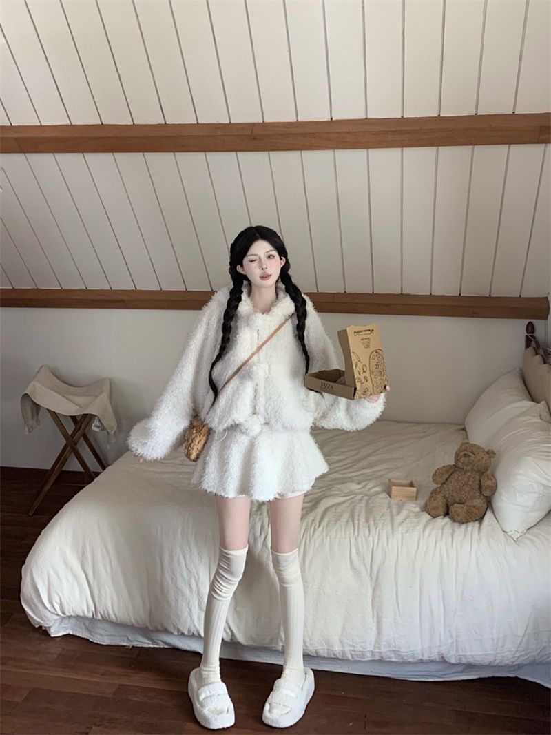 💕超可愛軟糯毛絨絨小熊保暖外套+半裙套裝