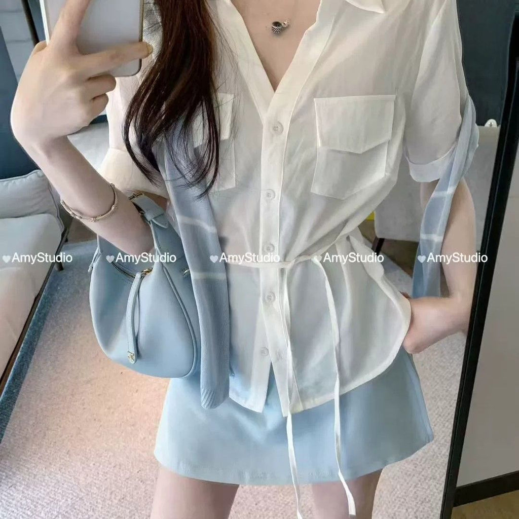 💕韓系辣妹時尚襯衫披肩減齡休閒三件套