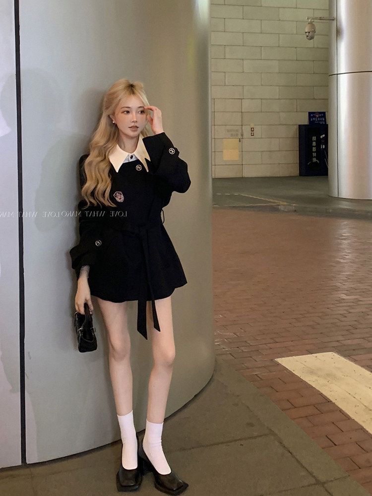💕春季高級感小香風黑色收腰西服假兩件上衣套裝