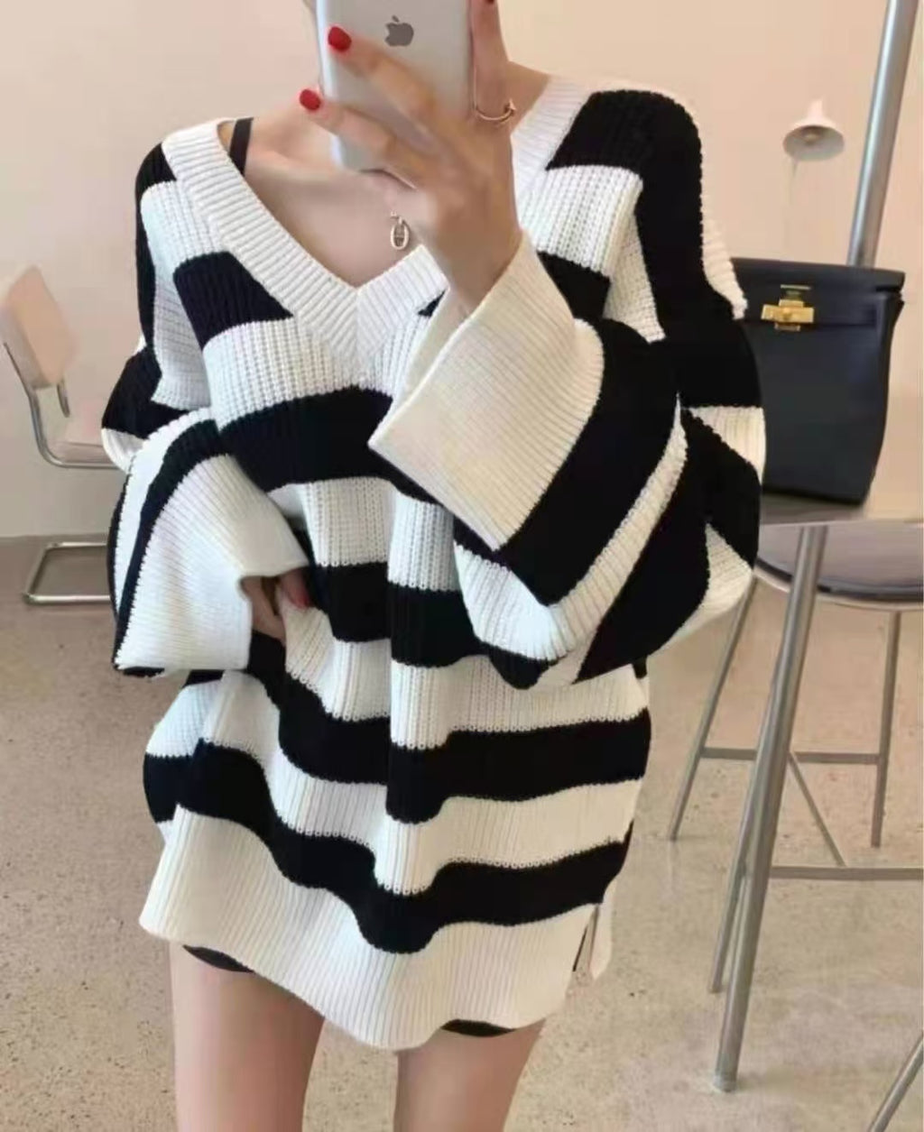💕韓系ins簡約V領側開衩落肩長袖中長款毛衣