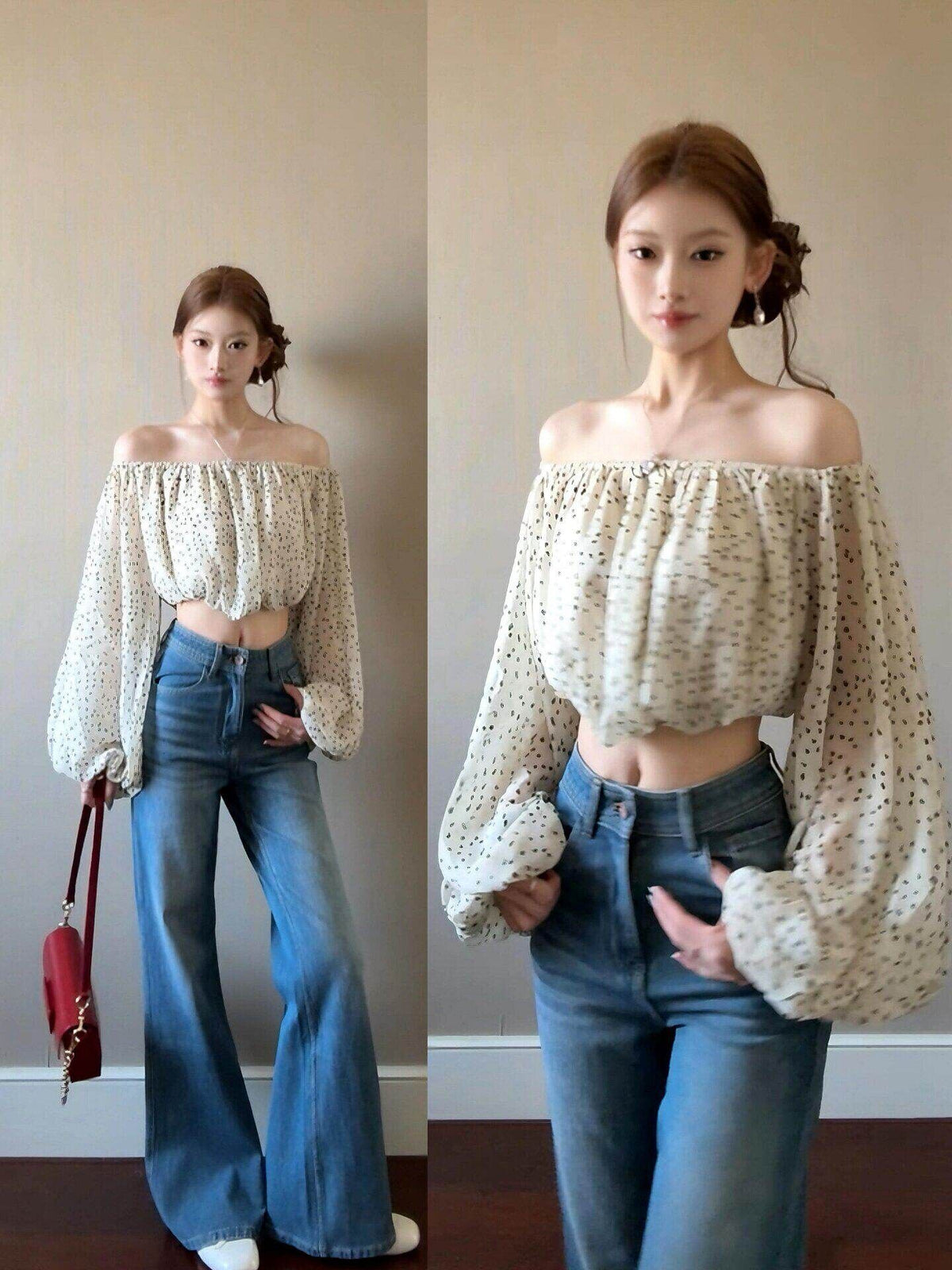 💕法式小資漂亮一字肩點點短款別緻上衣