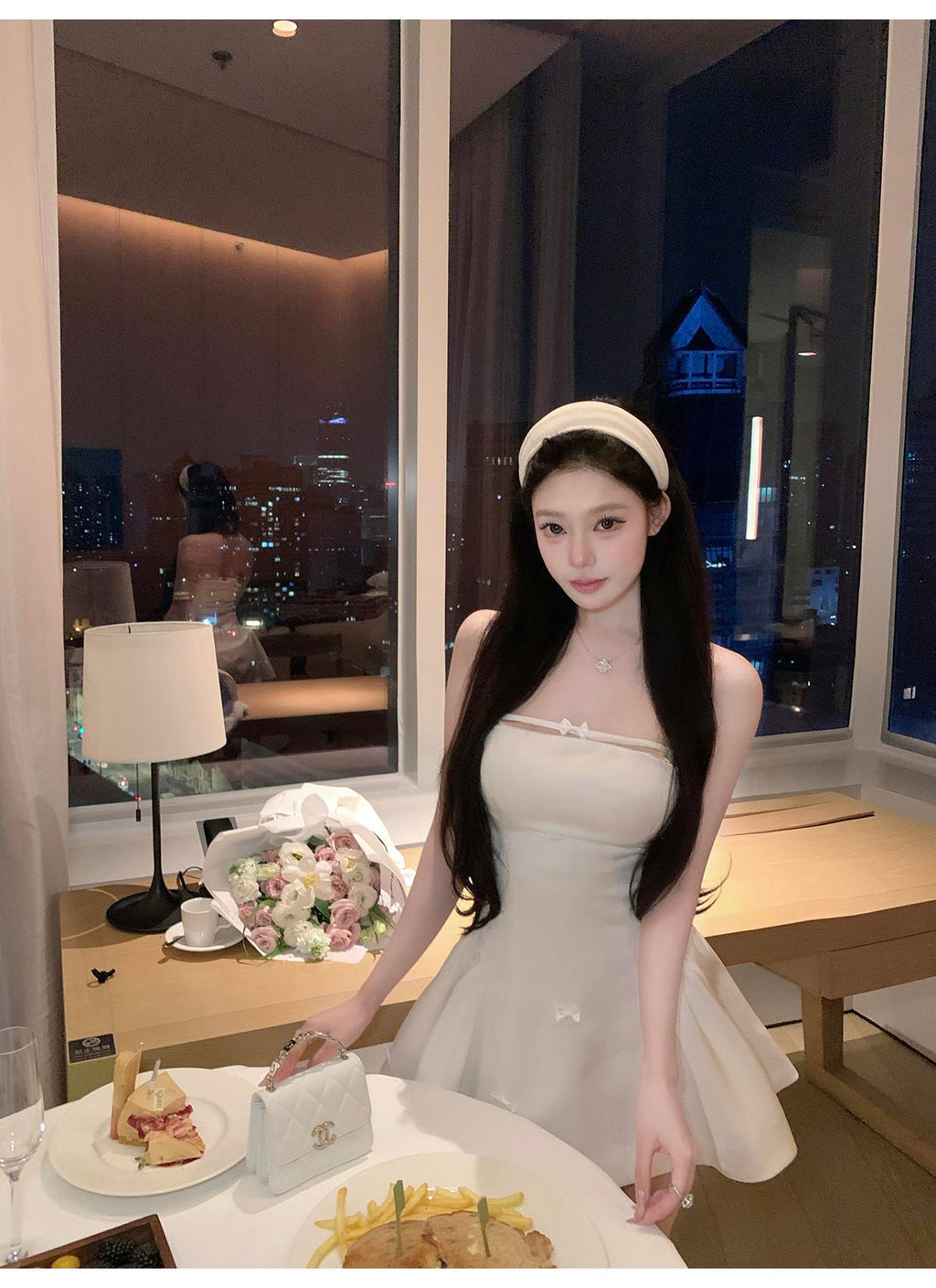 💕簡約氣質名媛緞面抹胸蝴蝶結連身裙