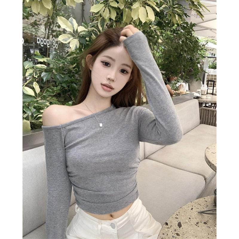 💕簡約通勤絕美基礎款斜肩磨毛上衣
