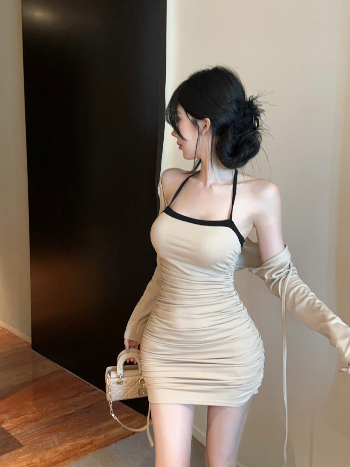 💕拚色系繩多種穿法包臀連身短裙+長袖短款罩衫兩件套