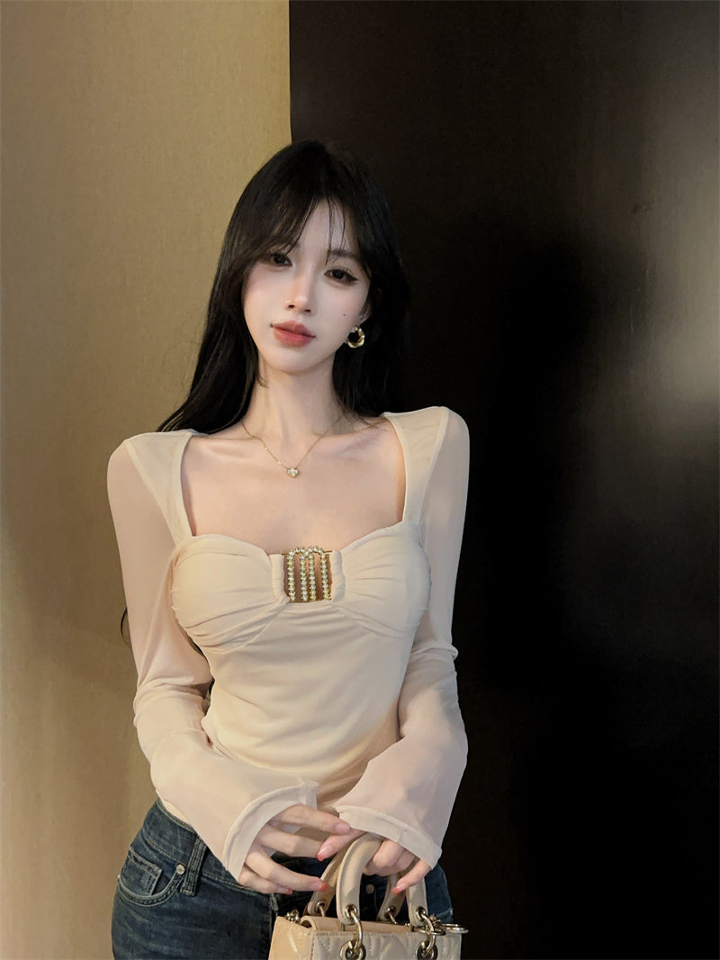 💕秋季性感純欲紗網金扣顯瘦上衣