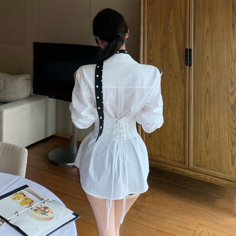 💕辣妹翻領單排扣長款長袖襯衫+蕾絲魚骨綁帶