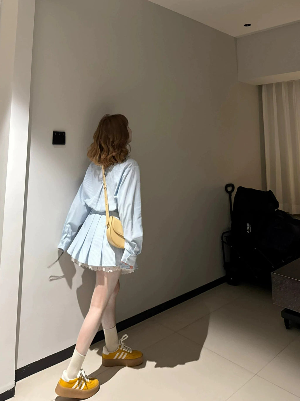 💕蕾絲拼接配腰帶條紋長袖小個子連衣裙