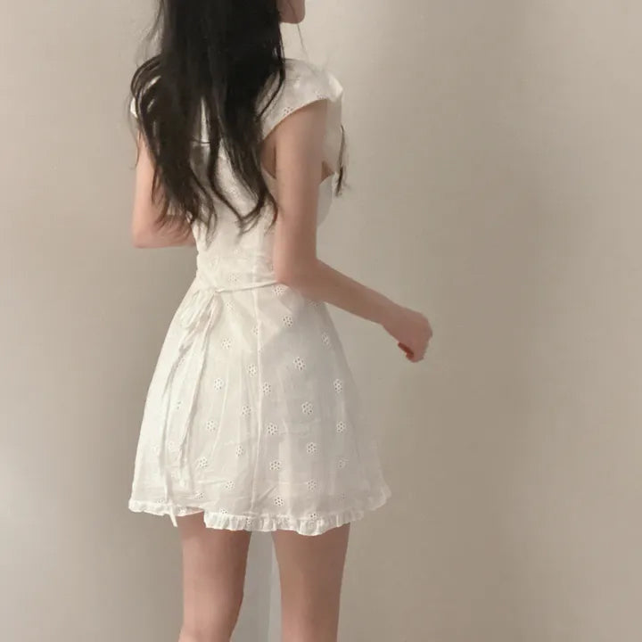 💕chic收腰顯瘦蝴蝶結系繩連衣裙