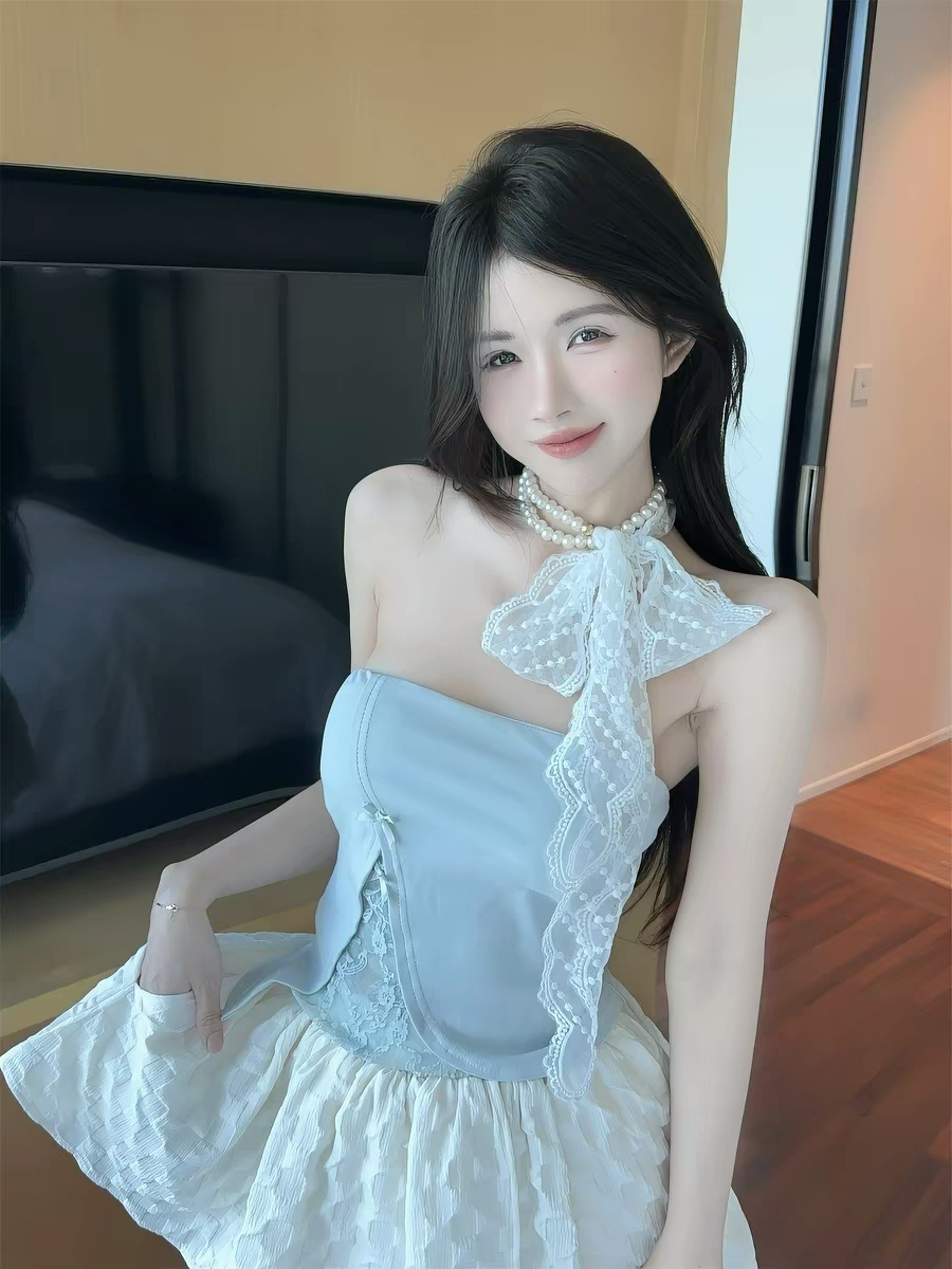 💕甜辣風珍珠鍊蕾絲拼接抹胸一字肩上衣