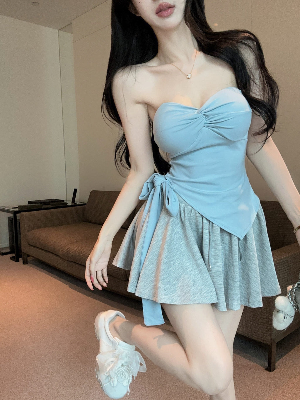💕氣質帶胸墊不規則下擺系帶扭結兩件套