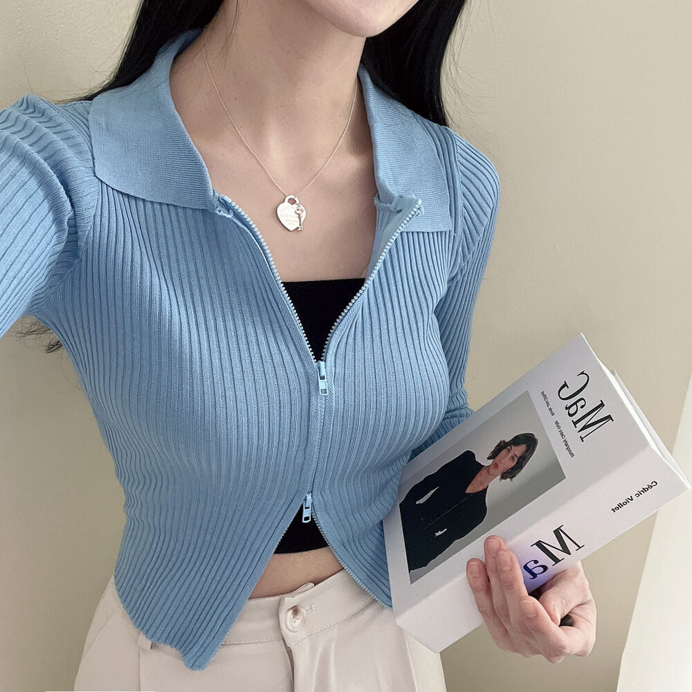 💕日系polo翻領雙拉鍊顯瘦長袖針織衫