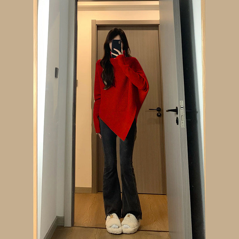 💕溫柔韓系慵懶不規則高領加厚針織毛衣