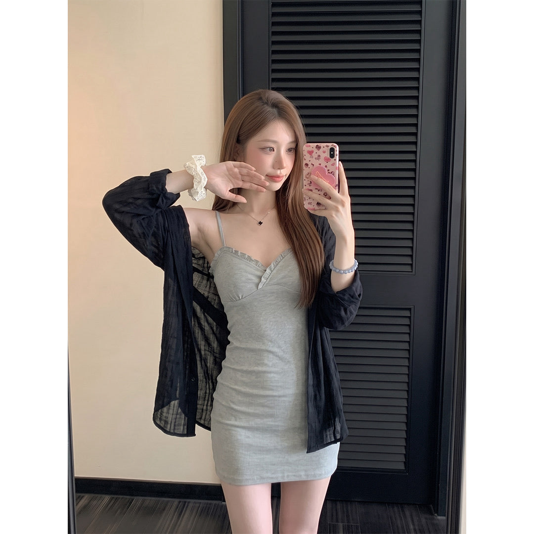 💕純御風灰色木耳邊吊帶連衣短裙