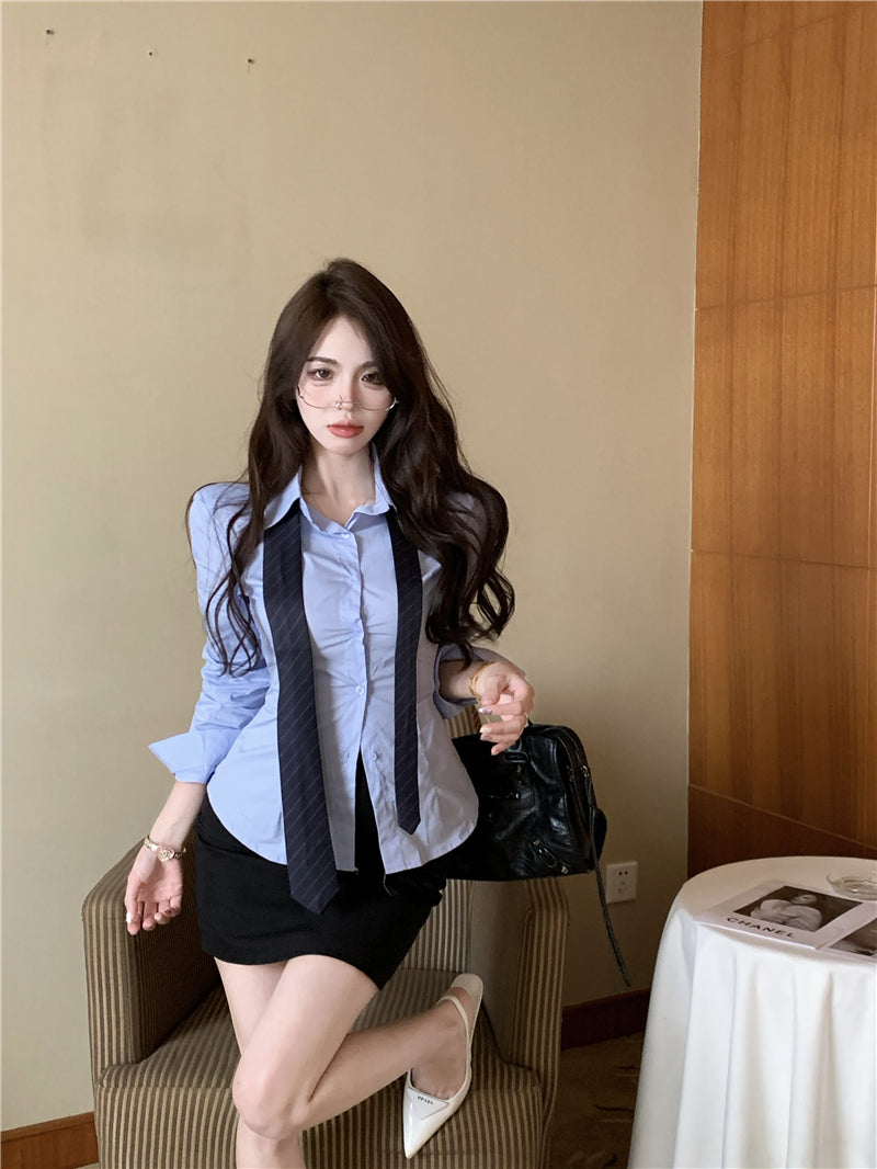💕韓版秘書款收腰帶領襯衫兩件套