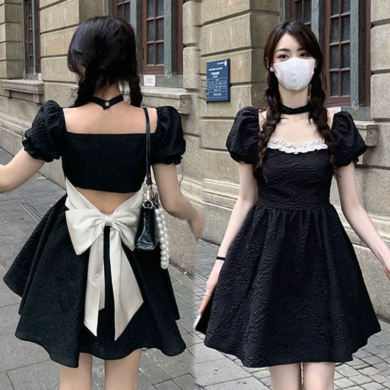 💕方領法式花邊露背蝴蝶結小個子澎澎短裙