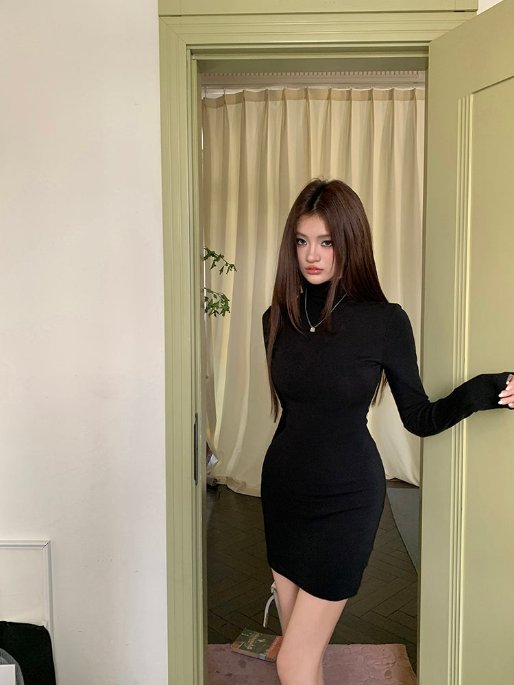 💕秋冬抓絨絲滑質感高領打底顯瘦連身包臀短裙