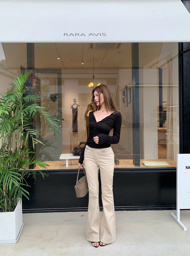 💕法式老錢風卡其中低腰顯瘦微喇叭長褲
